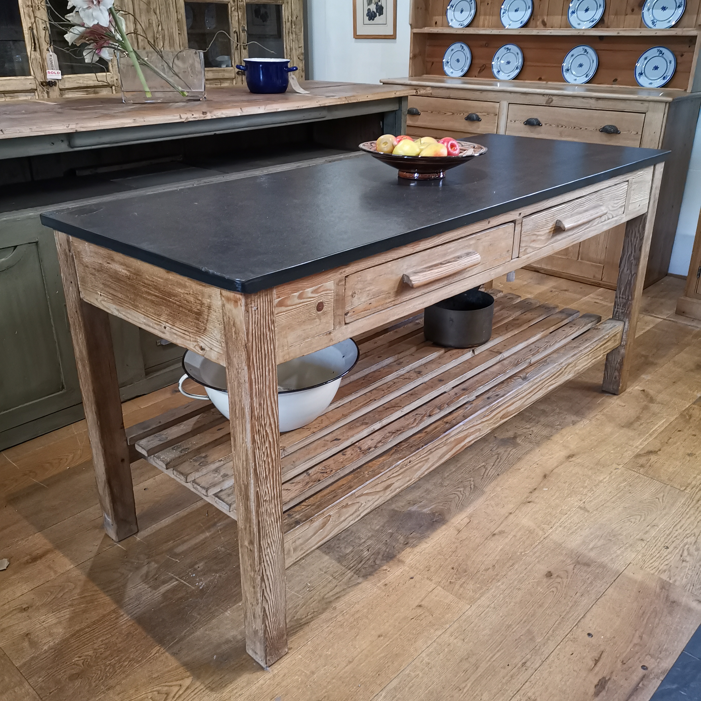 Reclaimed school bench with slate top